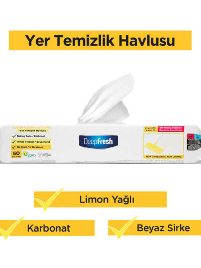 İz Bırakmaz Mop Uyumlu Yer Temizleme Havlusu 50 Yaprak | Limon Yağlı | Karbonat, Beyaz Sirke