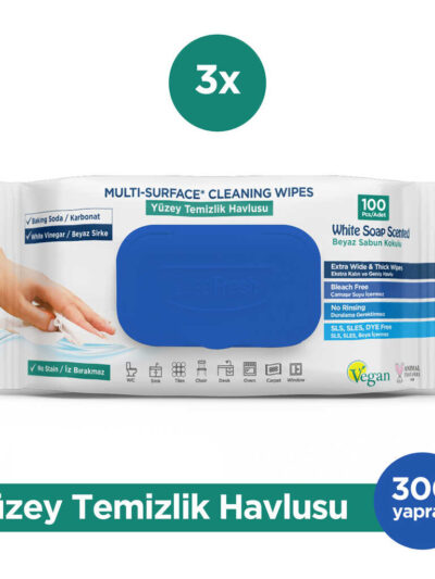 İz Bırakmaz Yüzey Temizlik Havlusu 100 Yaprak 3 Adet | Beyaz Sabun Kokulu | Karbonat, Beyaz Sirke